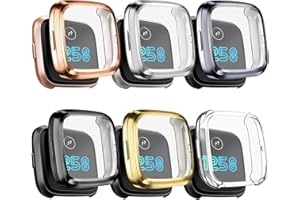 Mugust [6 Pack] Screen Protector Compatible with Fitbit Versa 2 Case, TPU Plated Full Around Protective Case Cover (Black, Space Gray, Silver, Rose Gold, Soft Gold, Clear)