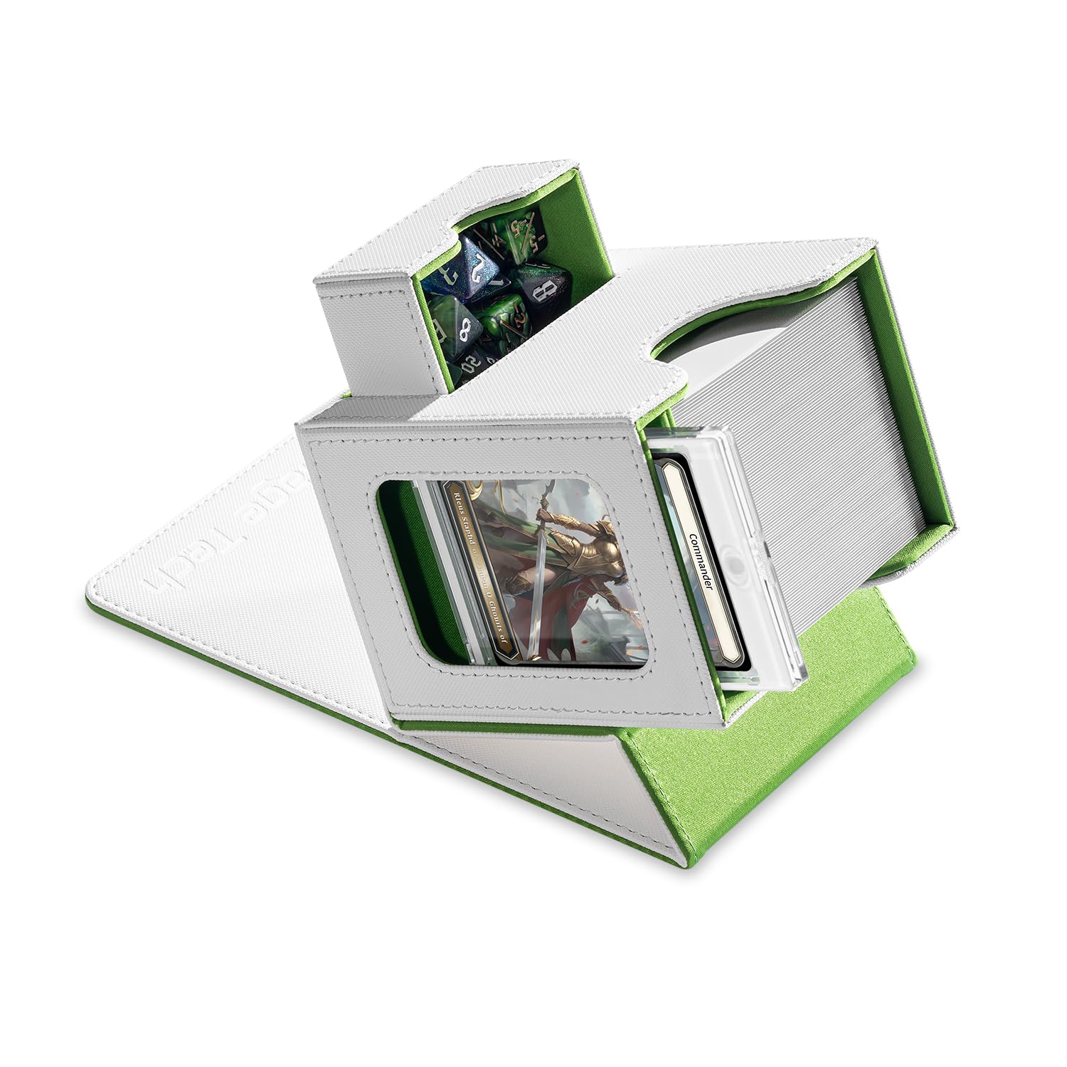 Mage Tech Card Deck Box for MTG Commander - Patented Design, Commander Display, Fits 100 Double-Sleeved Cards, 35pt Card Brick & Dice Tray - White/Green