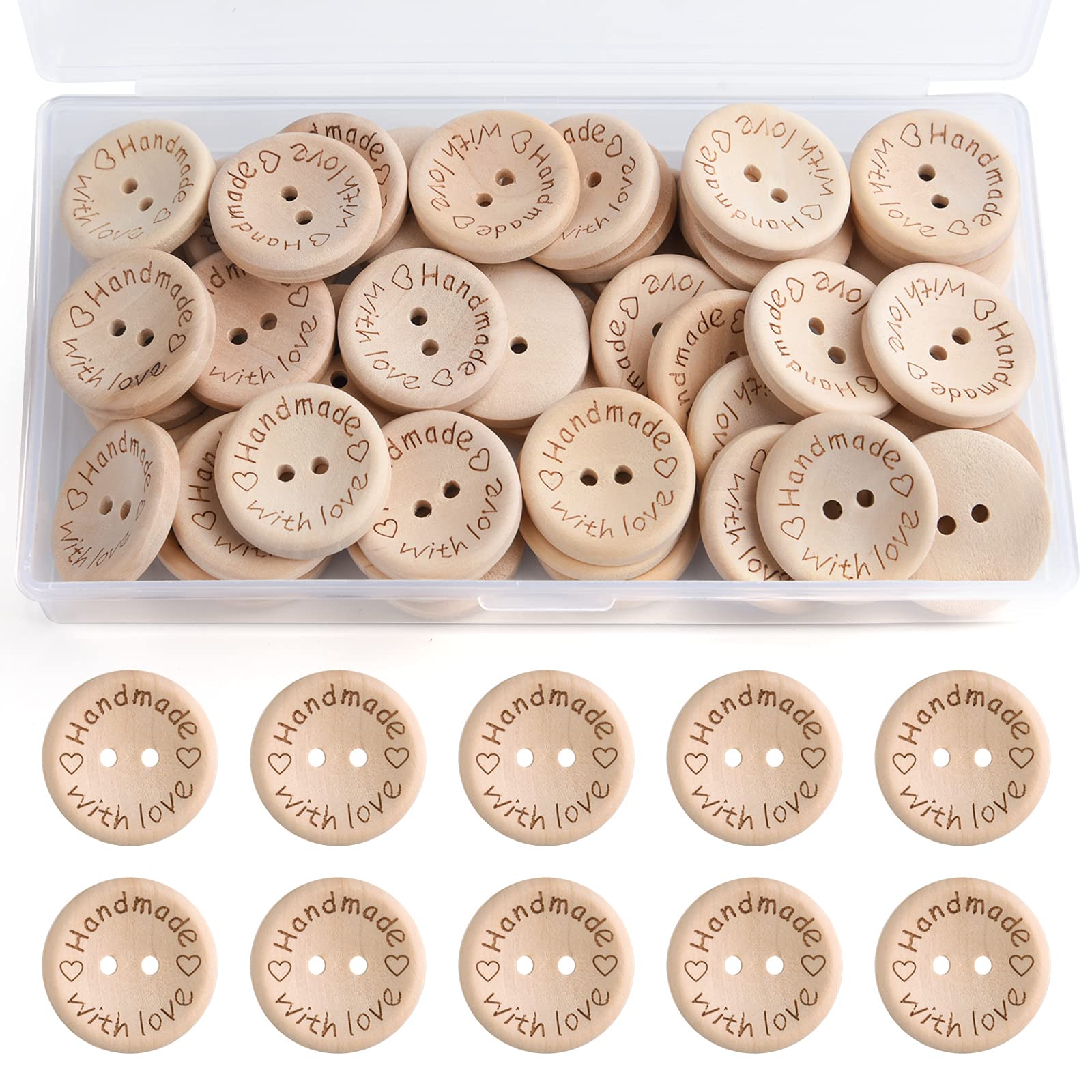 TUPARKA 50 Pcs Handmade with Love Wooden Button Natural Round Wooden Button for Sewing Craft Decorations 25mm