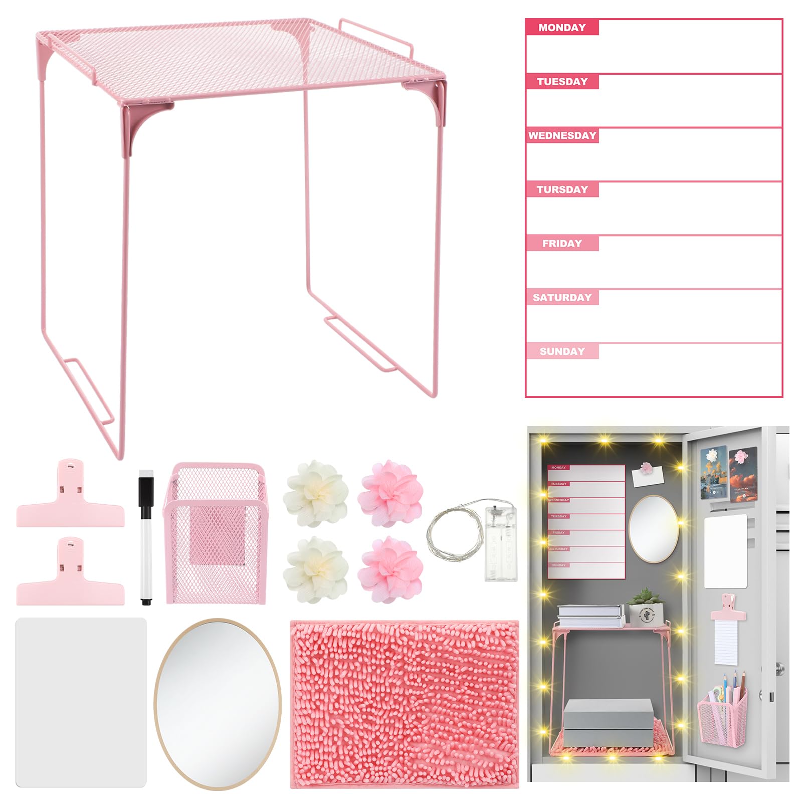 Photo 1 of TecUnite Locker Accessories Kit - Magnetic Whiteboard, Shelf, Course Schedule, Mirror, Pen Holder, Dry Erase Pen, Rug, Clips, Light String - 14 Pcs Locker Decorations & Organizer(Pink,Flower Style)