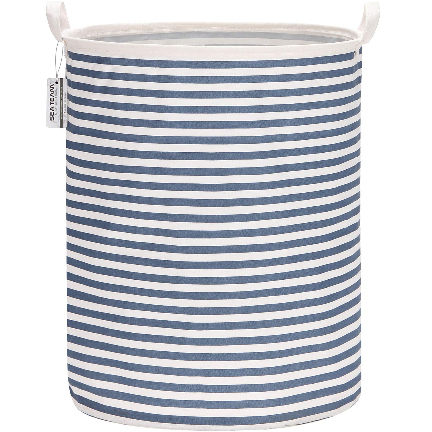 Sea Team 19.7 Inch Large Sized Waterproof Coating Ramie Cotton Fabric Folding Laundry Hamper Bucket Cylindric Burlap Canvas Storage Basket with Stylish Blue Stripe Design