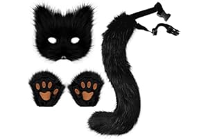 Adolala Faux Fur Fox Tail Cat Wolf Set Plush Mask Fluffy Paw Gloves Halloween Christmas Party for Women