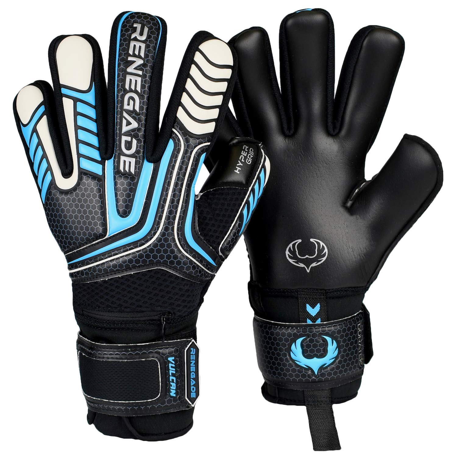 Renegade GK Vulcan Trident Goalie Gloves with Pro-Tek Finger Protection | 3.5+3mm Hyper Grip & 4mm Duratek | Black & Blue Football Goalkeeper Gloves (Size 11, Adult, Negative Cut, Level 3)