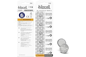 hilocell CR1025 Lithium 3V Coin Battery 5 Pack, 3 Volt CR 1025 Button Cell Batteries, Durable Long-Lasting High Capacity 1025 Battery with 10-Year Shelf Life - 5 Count