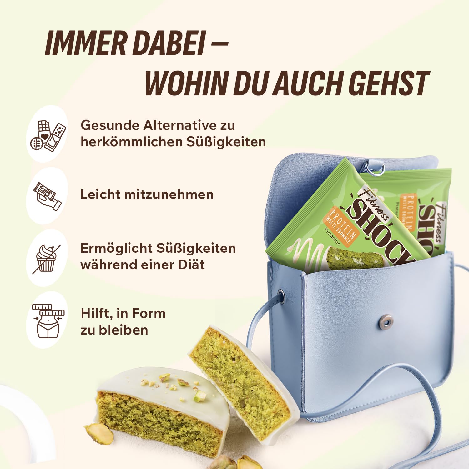 FitnesSHOCK Protein Brownie Snack ohne Zusatz von Zucker, Kekse mit 15% Eiweiß, Weiße Schokolade, sättigende Ballaststoffe, low carb, weiche Konsistenz, 10 Stück х 50g - Pistazien Geschmack 5