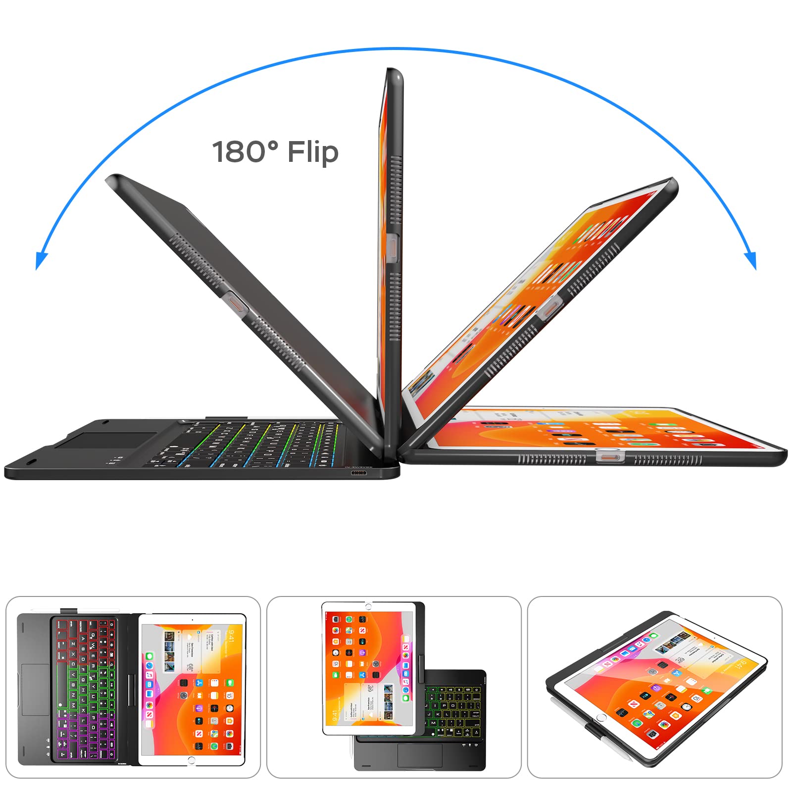 NOKBABO iPad 9th Generation Case with Keyboard 360° Rotatable Touchpad and 7 Color Backlight & Pencil Holder for iPad 9th/8th/7th Gen 10.2 inch & iPad Air 3rd Gen/iPad Pro 10.5 inch - Black