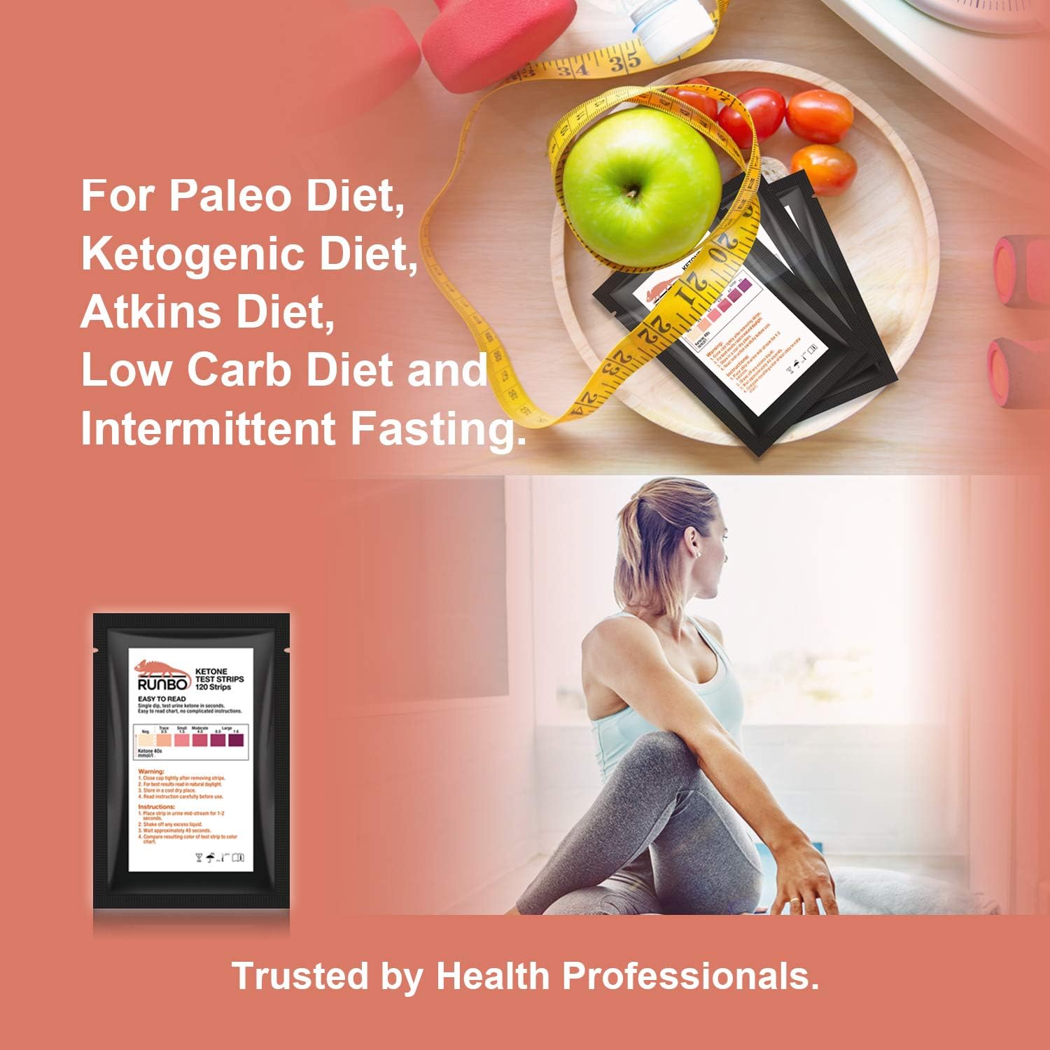 RUNBO Ketone Test Strips 120 Counts in 3 Bags. Accurate and Easy for Urine Keto Level Test. Perfect Test Strips if You are on Low Carb, Paleo, Ketogenic Dieters. Easy to Carry to Everywhere.: Health & Personal Care