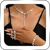 SAWINDA Rhinestone Jewelry Set Crystal Pearl Necklace Bracelet Earrings Set Sparkly Necklace Dangle Earrings Wedding Prom Formal Costume Jewelry Sets for Women