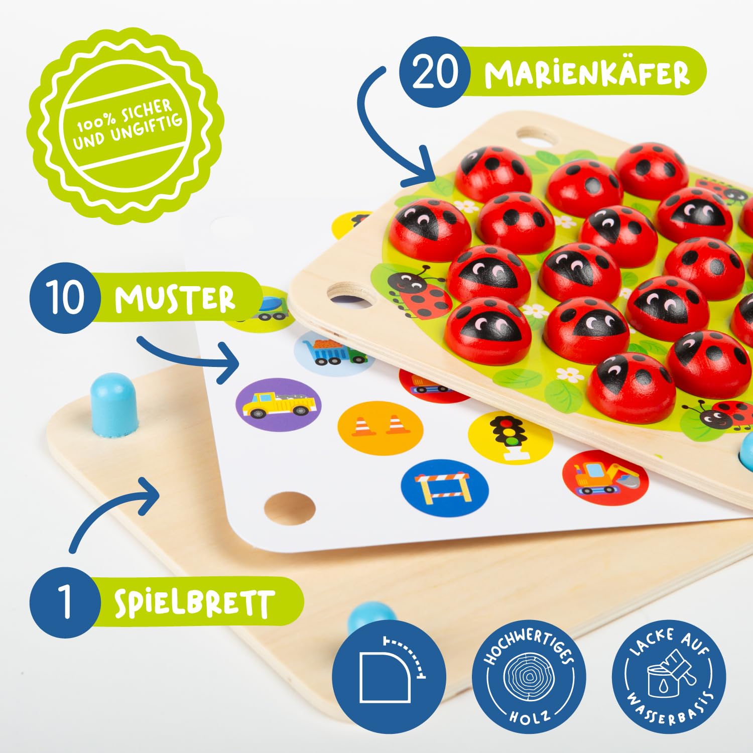 Nene Toys Marienkäfer-Garten, Gedächtnisspiel aus FSC® Holz für Kinder ab 3 Jahren – Pädagogisches Brettspiel mit 10 lustigen Mustern – Montessori Memo-Spiel – Geschenk Jungen Mädchen ab 3 4 5 Jahren 4