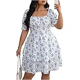 Floerns Women's Plus Size Tea Party Floral Layered Ruffle Dress Square Neck A Line Short Dresses