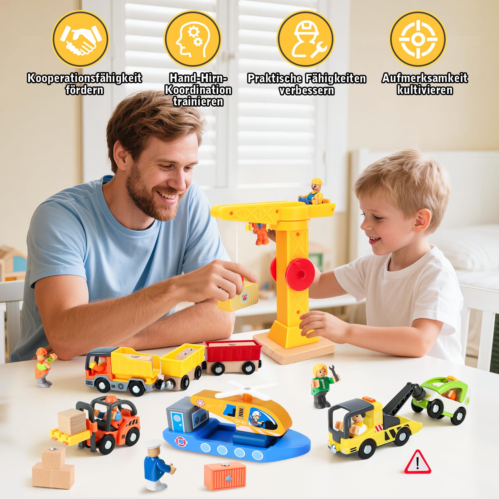 BuntWunder Baustellenfahrzeuge Kinder Kran Spielzeug, Baustelle Spielzeug ab 3 Jahre, Baufahrzeuge Kinder Holzspielzeug mit Turmkran Anhänger Gabelstapler Schiff, Geschenk Junge 3 4 5 Jahre 7