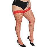 MANZI Women's Plus Size Fishnet Thigh High Stockings Silicone Lace Top Sheer Over Knee Stockings Stay Up Lingerie Tights