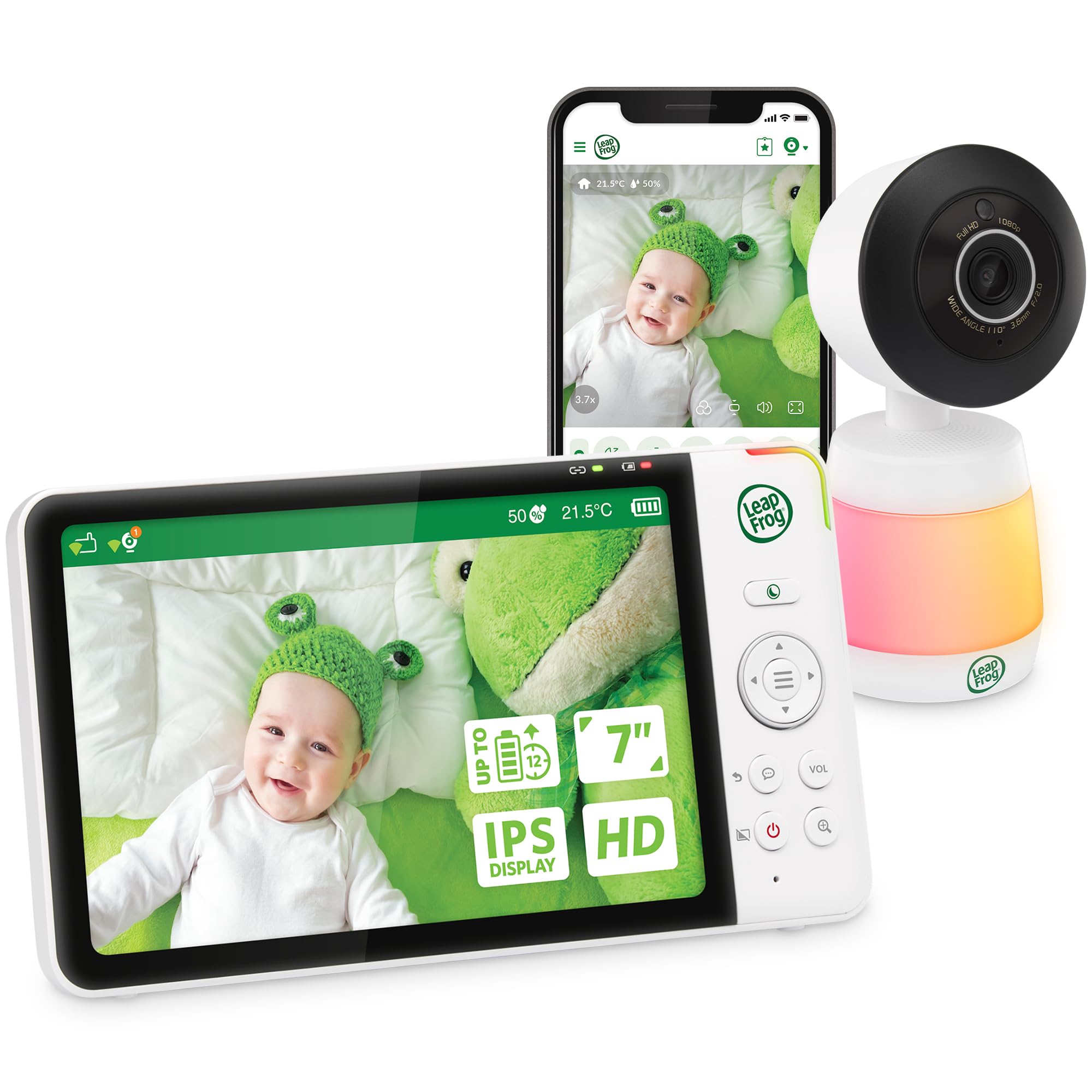 Leapfrog LF3917HD Smart WiFi Video Baby Monitor with Camera & Audio,Remote Camera Pan-Tilt-Zoom,7" HD 720p Display,110 Wide-angle view,Color Night Vision,Adaptive Touch Color Night Light,Two way talk