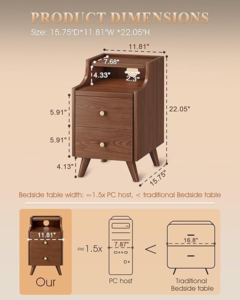 NARROW NIGHTSTAND WITH DRAWERS, 11.8″ SLIM SOLID WOOD BEDSIDE TABLE WITH OPEN SHELF & CABLE HOLE, MODERN STORAGE CABINET FOR SMALL SPACES, SIDE TABLE FOR BEDROOM & STUDY, WALNUT