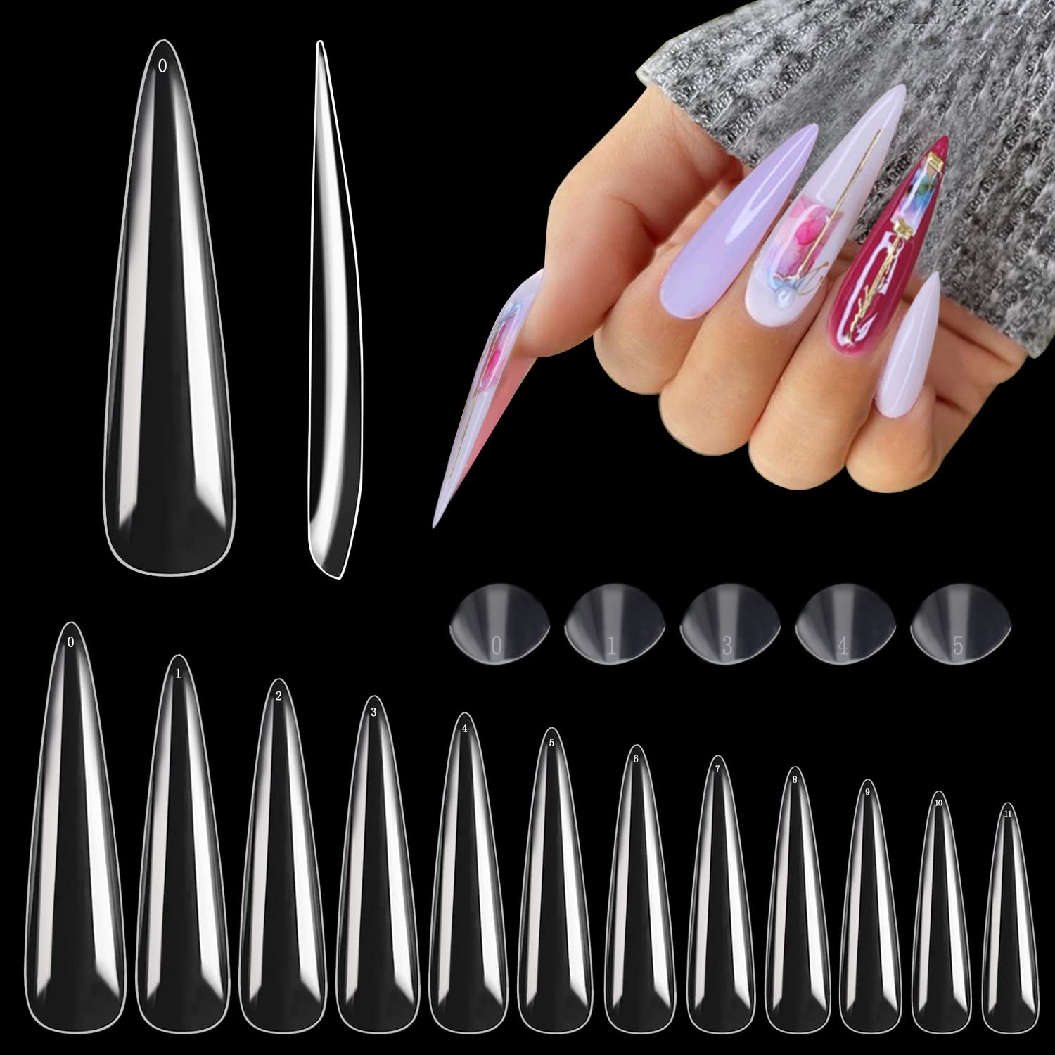 Photo 1 of 600PCS No C Curve Stiletto Nail Tips, XXXL Extra Long Stiletto Full Cover Nail Tips for Acrylic Nails Professional, 3XL Clear Flattened Fake Nail for Salons Home DIY Nail Art 12 Sizes