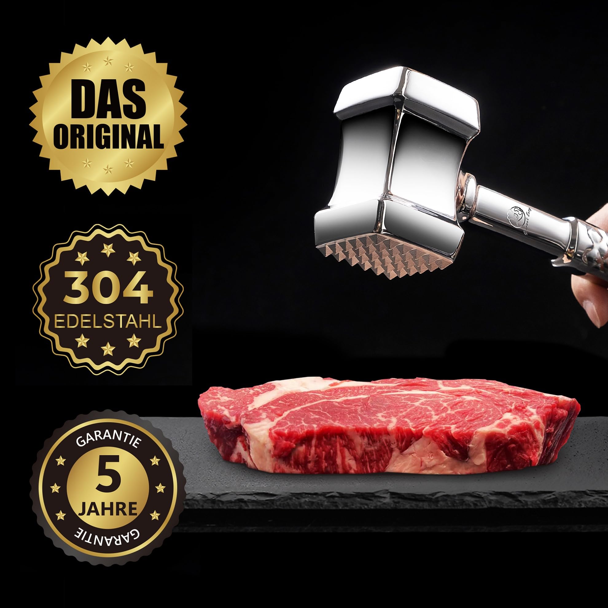 Fleischklopfer Edelstahl spülmaschinenfest - Original Design - Doppelseitiger Schnitzelklopfer ideal für Schnitzel, Koteletts, Steaks - Fleischhammer mit 5 Jahre Garantie 2