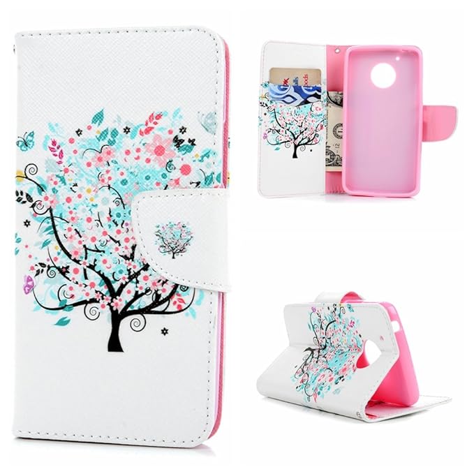 YOKIRIN Motorola Moto G5 Flip Hülle Lenovo Moto G5 Wallet Case PU Leder Bookstyle Schutzhülle Hardcase Leder Tasche Flipcase Handycover Standfunktion Magnetverschluß Karteneinschub Blume Baum