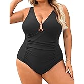 Curvagile Women's Plus Size One Piece Swimsuits Tummy Control Ruched Bathing Suit Sexy Cutout Deep V Neck Swim Suit XL