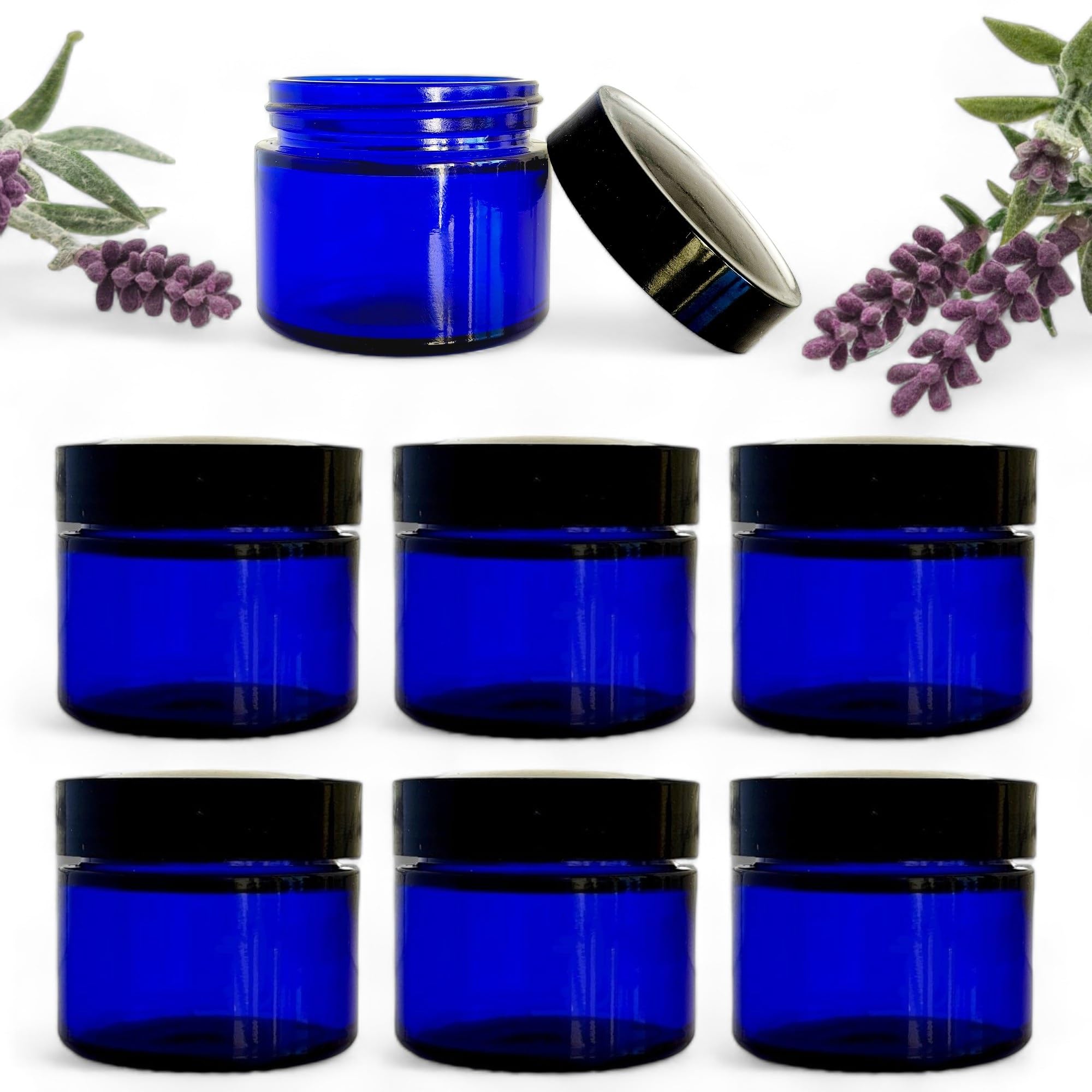 Avalon BLUE GLASS 50ml 2oz JAR with Airtight Black Urea Lid - Empty, Refillable Cobalt Blue Glass Jars for Cosmetics, Candles, Aromatherapy Blends, Herbs, Spices and more (Pack of 6)