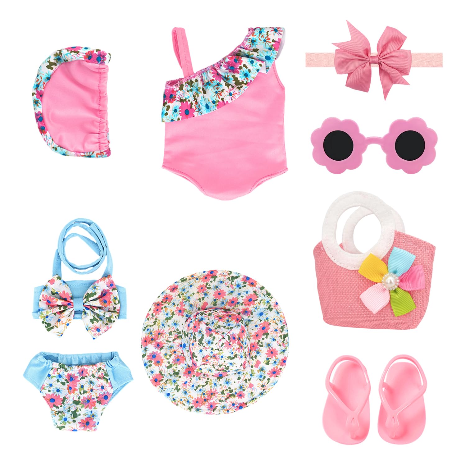 2 Pieces Swimsuits With Hat, 1 Pair Of Slippers, 1 Piece Handbag, 1 Piece Sunglasses And 1 Piece Headband, Cute Crossbody Bag, Small Sandals, Flower Sunglasses, Baby Doll Decoration Accessories.