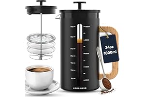 Home Hero French Press Coffee Maker - 34 oz Coffee Press with Bamboo Wood Handle, Heat Resistant Thick Borosilicate Glass French Presses, 4 Layer Filter, French Press Stainless Steel (Black)