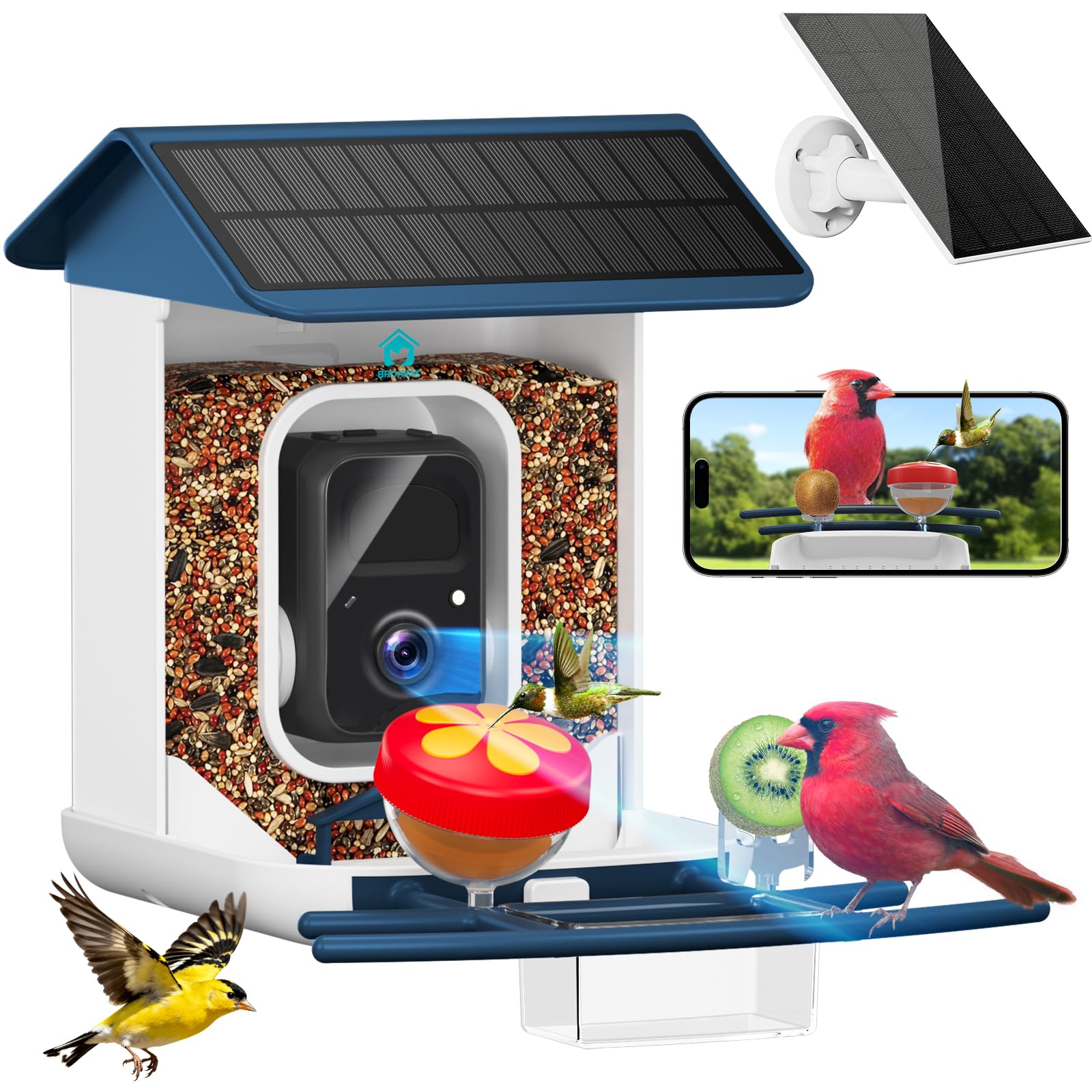 Photo 1 of BROAIMX Smart Bird Feeder with Camera-AI Identify 11,000+ Species, 2K HD Auto Capture Birds Video & 64G TF Card, Solar-Powered Wireless Outdoor Design, Birdhouse with Built-in Two-Way Microphone