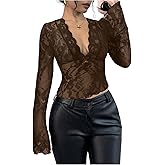Milumia Women's Sexy Lace Long Sleeve Crop Top Scalloped V Neck Sheer Going Out Tee Tops