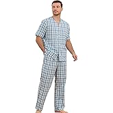 Vulcanodon 100% Cotton Mens Pajamas Set, Lightweight Button Up Mens Sleepwear