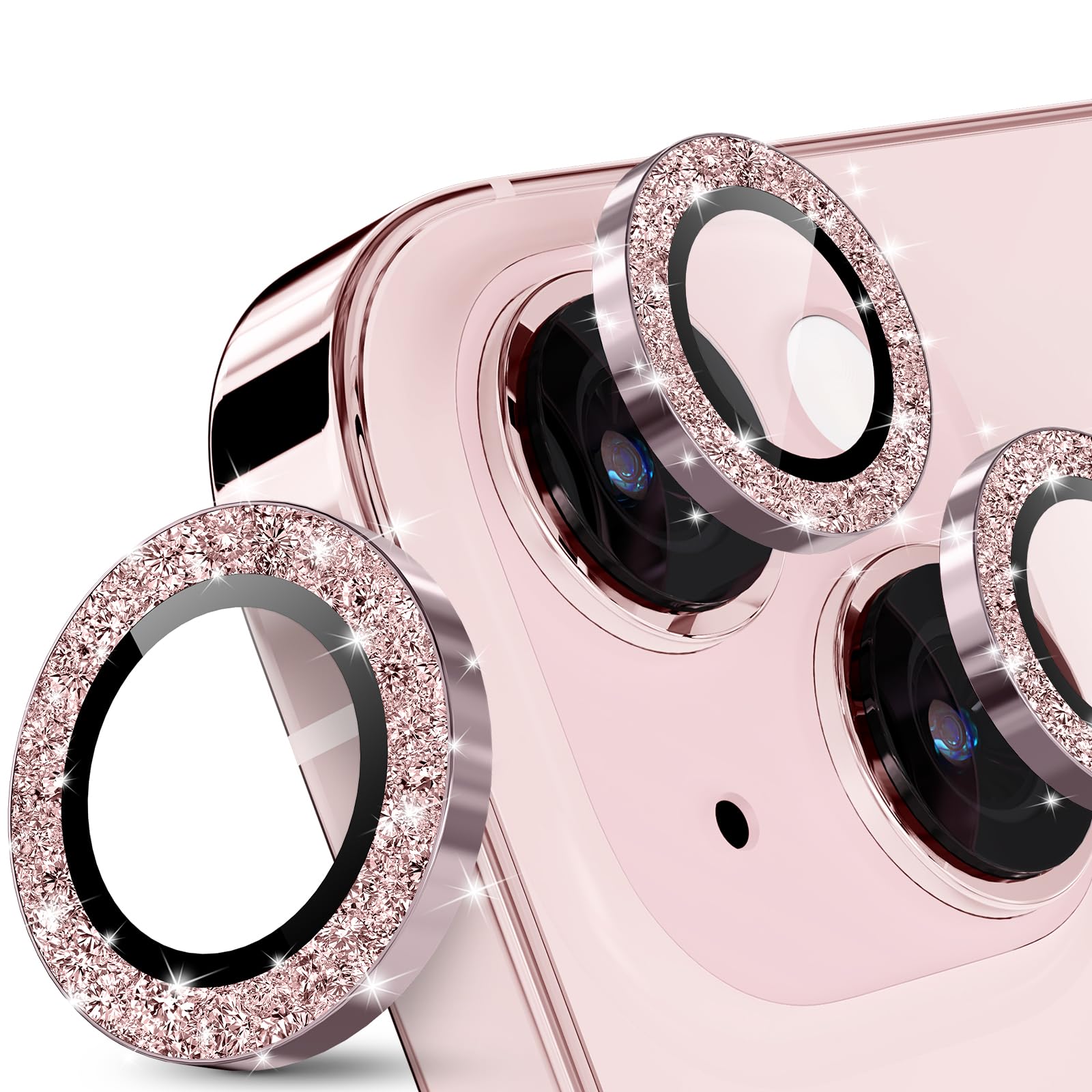 imluckies For iphone 15/15 Plus camera lens protector, Bling Pink, Anti-Scratch HD Tempered Glass with Aluminum Alloy Edge, Shiny Not Effect Shooting, Bright Pink