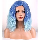 BERON Blue Ombre Short Curly Women Wig Girls Side Part Shoulder Length Wavy Heat Resistant Synthetic Wig Cosplay Costume Party or Daily Wigs