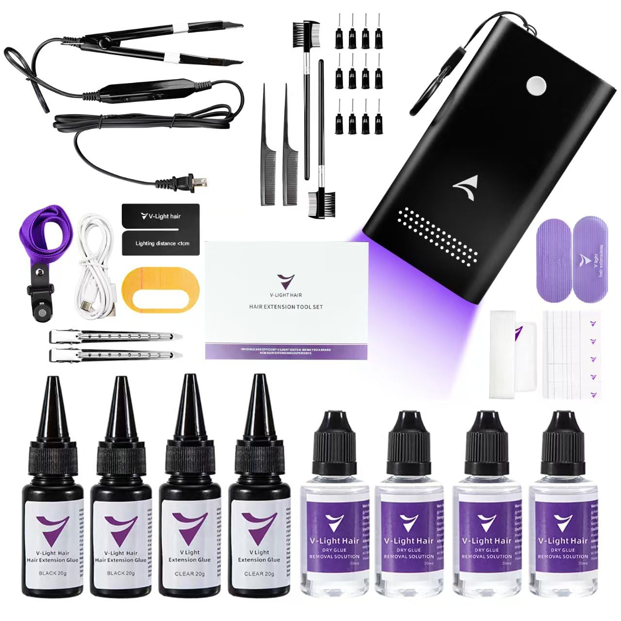 Photo 1 of V Light Hair Extensions Kit with 1 Pack UV Lamp 1 Pack Remover Machine 4 Pack Glue 4 Pack Remover Solution