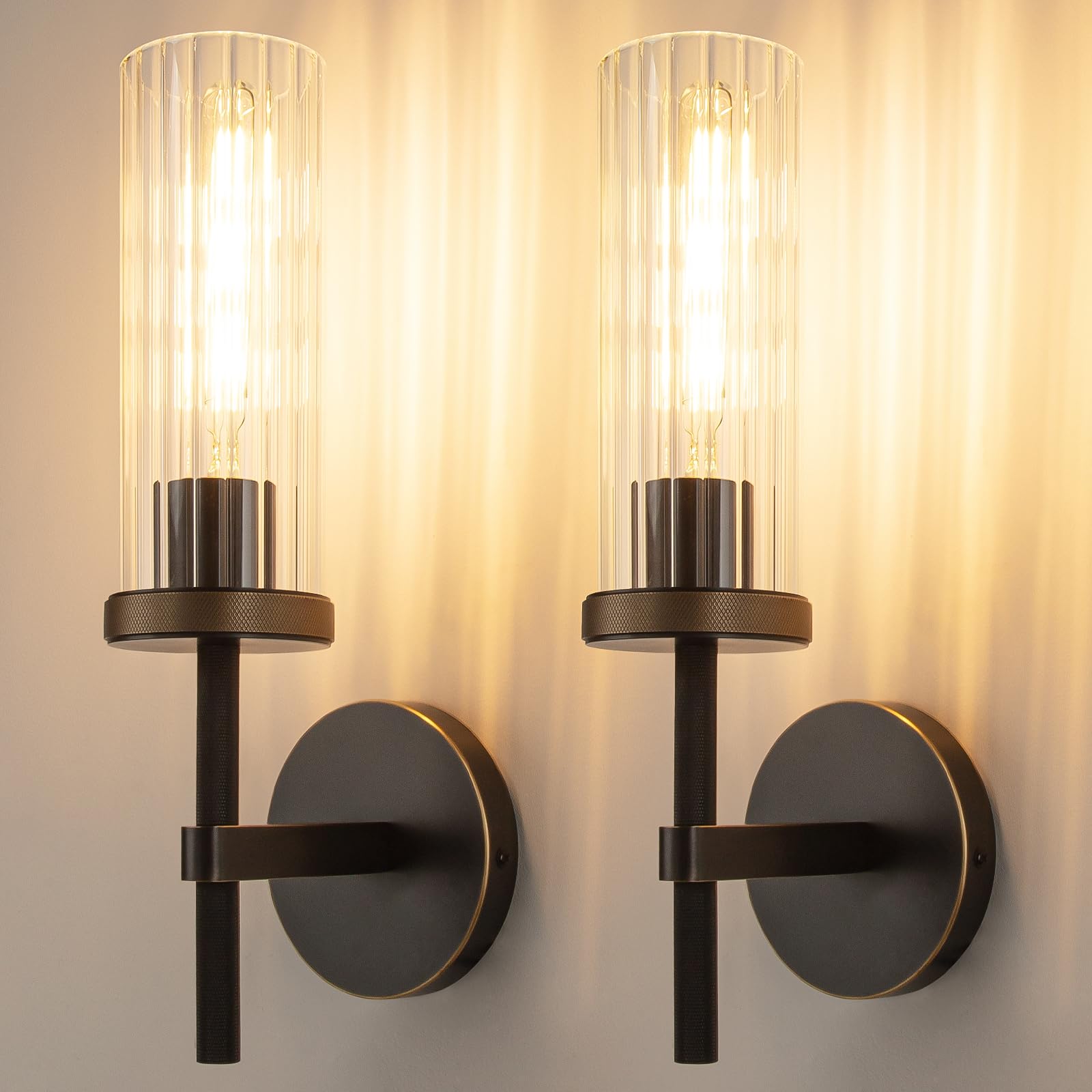 Photo 1 of 15" Knurled Brass Wall Sconces Set of 2, Black Gold Bathroom Vanity Light Fixtures with Vertical Striped Glass Tube, Modern Lamp Lighting for Bedroom, Living Room, Hallway, Staircase, Mirror, Kitchen