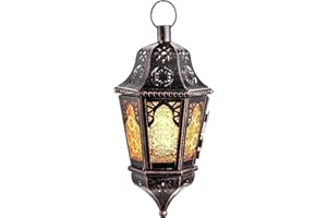NEEDOMO Hanging Moroccan Lantern, 13.5'' Vintage Metal Candle Holder with 14.8" Chain, Ramadan Lanterns Decorative Indoor Outdoor for Home, Table, Patio, Porch, Christmas,Halloween, Spring (Amber)