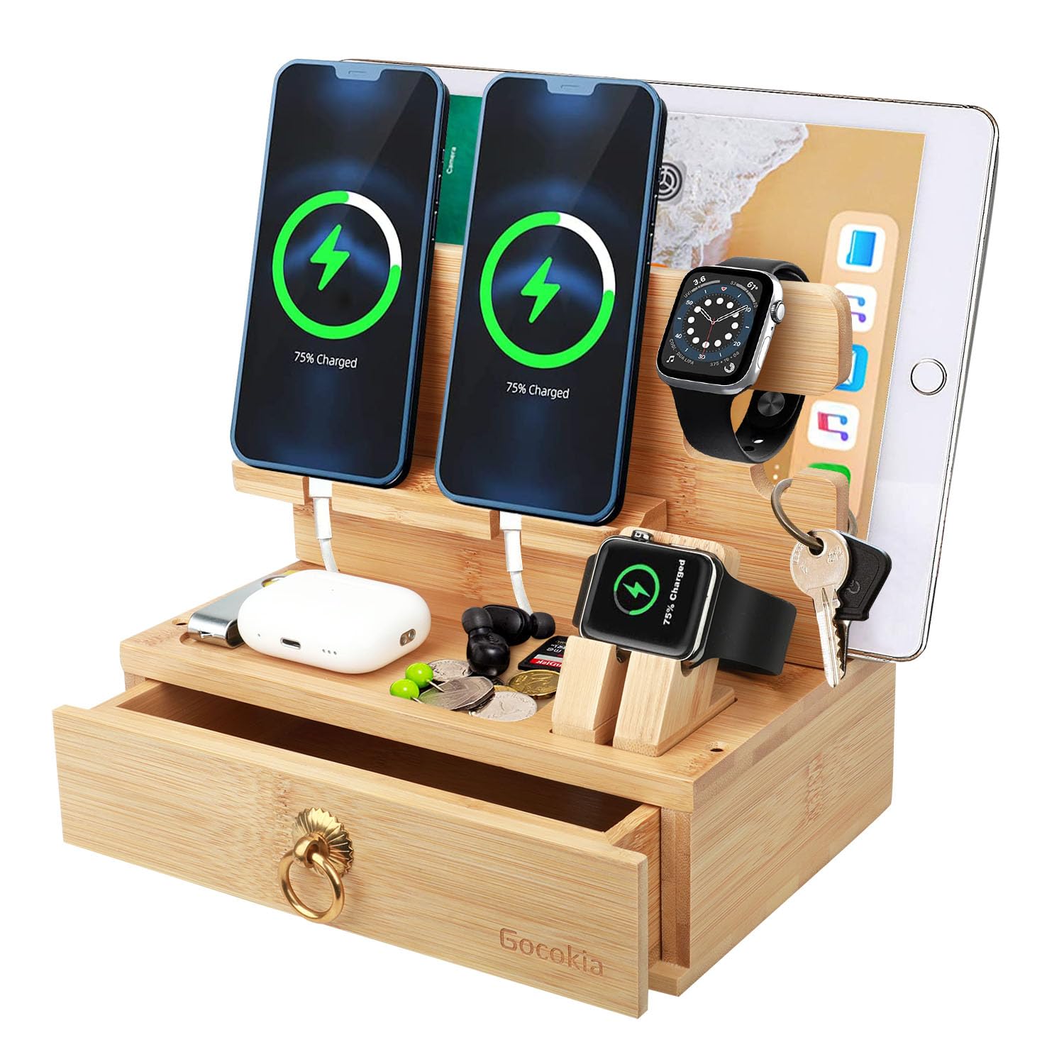 Gocokia Multifunctional Bamboo Stands, Dual Cell Phone Holder, Tablet Storage Stand, Watch Storage Hanger, Bamboo Cell Phone Holder with Drawer