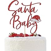 Santa Baby Cake Topper, Christmas Baby Shower Cake Decor, Winter Xmas Holiday Gender Reveal Baby Shower Party Decorations, Red Glitter