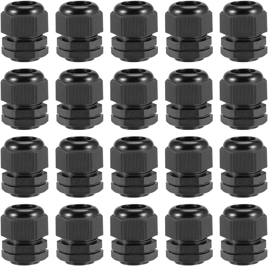 sourcing map M25x1.5 Cable Gland 12mm-15mm Wire Hole Waterproof Nylon Joint Adjustable Locknut with Washer Black 20pcs