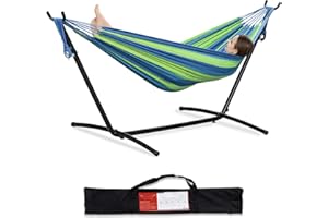 PNAEUT 2-Person Hammock with Space Saving Steel Stand Garden Yard Outdoor 450lb Capacity Double Hammocks and Portable Carrying Bag (Blue)