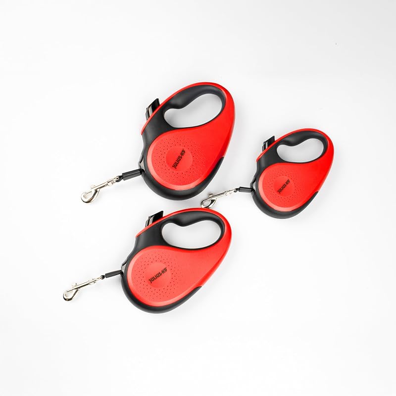 Guinzaglio retrattile per cani, lunghezza 5 m, nero/rosso, impugnatura antiscivolo, estensibile, freno con una sola mano, pausa, blocco, nastro riflettente, anti-groviglio, resistente