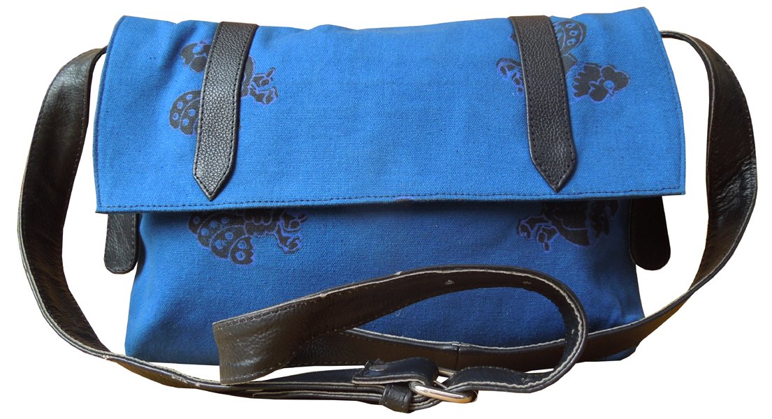 Spice Art Unisex Blue Block Printed Canvas Sling Bag with Leather Strap Messenger Bag Travel Bag Handbag