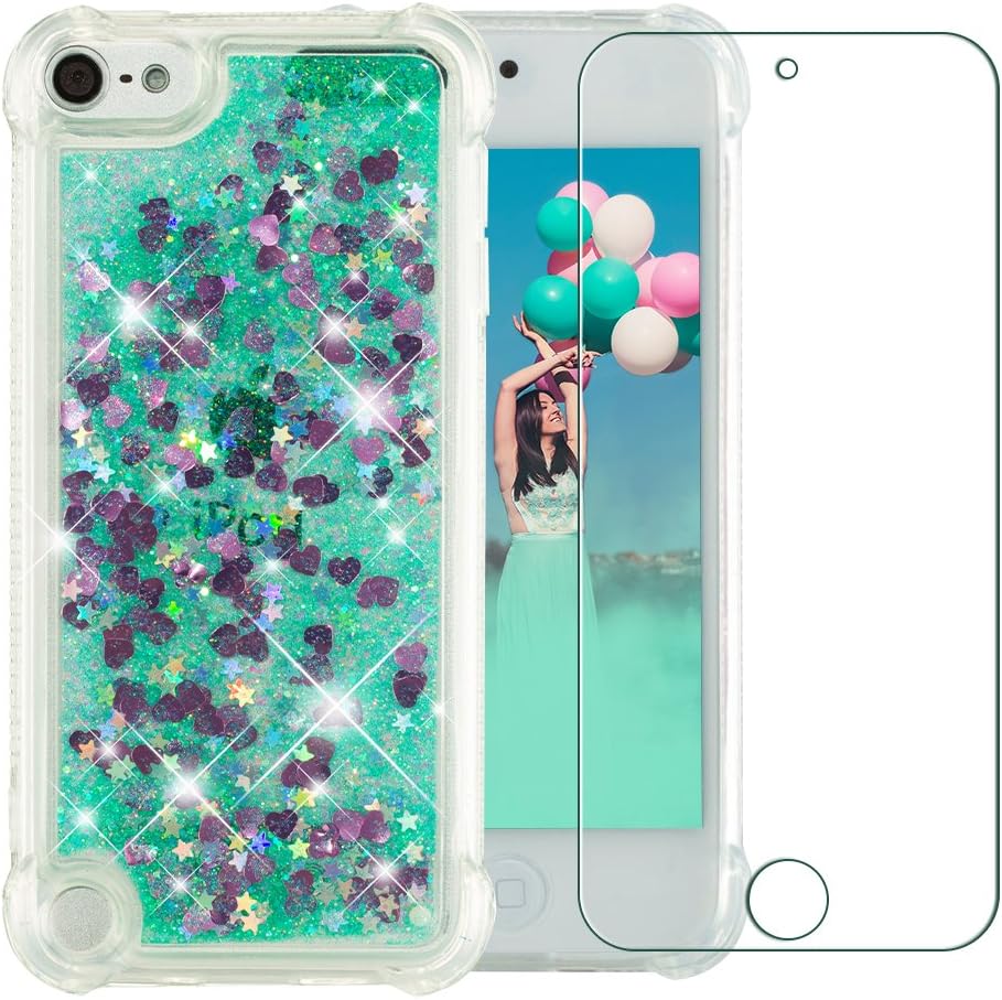 iPod 5 Case, iPod 6 Case, NOKEA Luxury Fashion Bling Flowing Liquid Floating Sparkle Glitter Girly TPU Case with Free Tempered Glass Screen Protector for Apple iPod touch 5 6th Generation (Green)