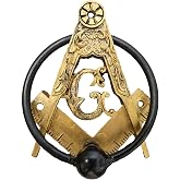 Ebros Gift Antiqued Faux Gold Freemasons Freemasonry Masonic Square and Compasses Monogram Decorative Door Knocker with Scroll Art Crafted Resin with Metal Ring Hardware