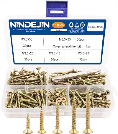 NINDEJIN Wood Screws Assortment Kit 151pcs M3.5 Flat Head Yellow Zinc