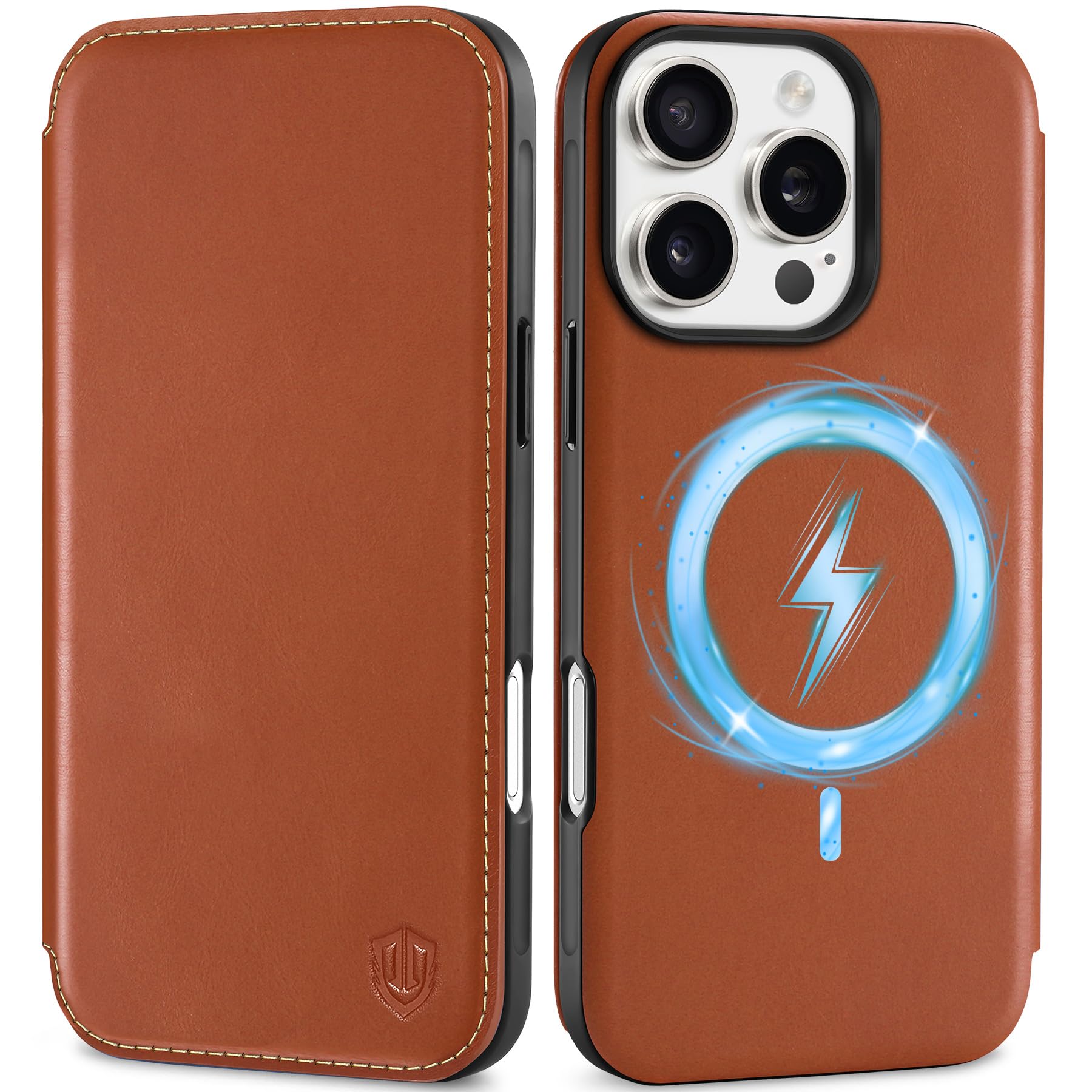 SHIELDON Case for iPhone 16 Pro 6.3", Genuine Leather Slim Wallet [3 Card Slots][RFID Blocking][Shockproof TPU Shell] Magnetic Wireless Charging Folio Case Compatible with iPhone 16 Pro - Retro Brown