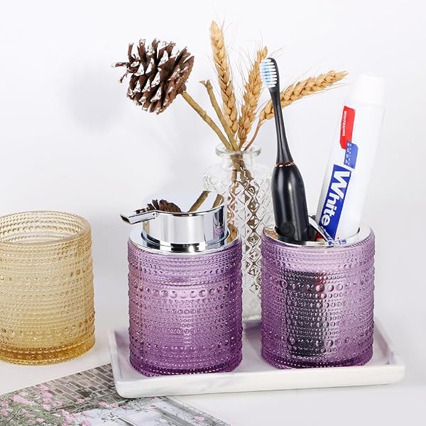 TONXUS BATHROOM ACCESSORY SETS,GLASS TOOTHBRUSH HOLDER AND SOAP DISPENSER FOR BATHROOMS,FOAMING HAND SOAP DISPENSER,TOOTHBRUSH AND TOOTHPASTE CUP HOLDER,CLEAR SOAP AND TOOTHBRUSH HOLDER SET (PURPLE)