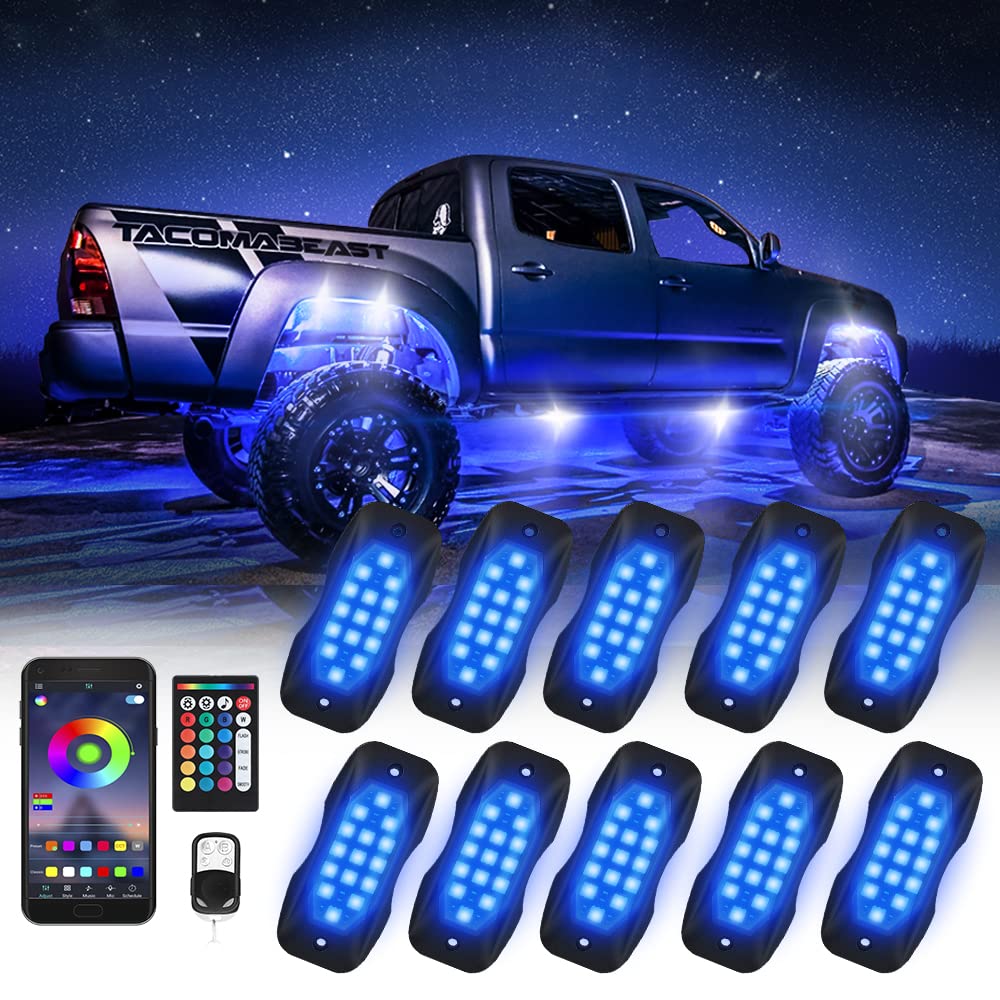 Photo 1 of Ainostone Rock Lights for Trucks 10 Pods RGB LED Rock Lights with Bluetooth APP/Remote Control Music Mode Extension Cords Underglow Lights IP68 Waterproof Neon Light Kits for Car Jeep Offroad Pickup
