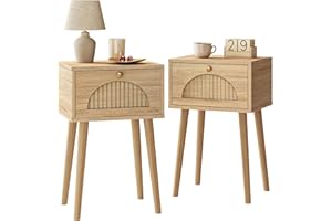 Fixwal Nightstands Set of 2 with Fluted Door, Small End Table with Solid Wood Feet for Bedroom Small Space, Modern Mid-Century Bedside Table, Natural Oak, 13.8 x 10.6 x 21.3in