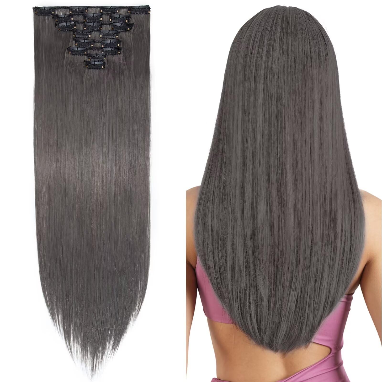 26inches Clip in Hair Extensions #Dark Grey 100% Synthetic Hairpiece Extension 8pcs Long Straight Hair Pieces For Full Head