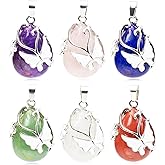 Flemtai 6 Pieces Natural Stone Pendants Pear Vintage Wire Wrap Gemstone Butterfly Pendant Healing Crystal Charm for Jewelry Making Necklace