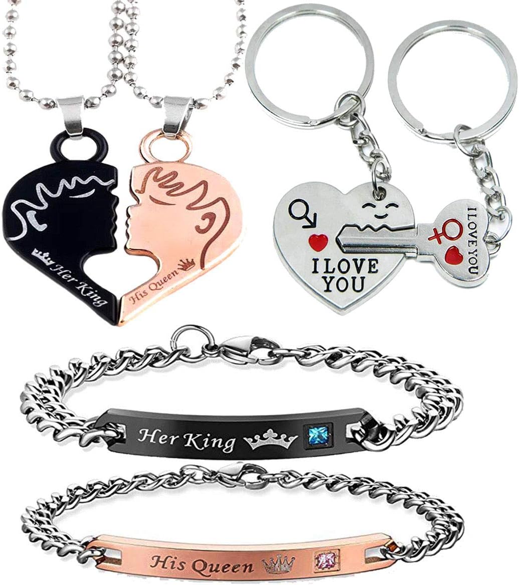 6Pcs Stainelss Steel Valentines Day Gift Couple Pendant Necklace Bracelets Keychain Matching Set for Women Men-Love Heart Necklace His & Hers Bracelets Keychain Couple Wedding Anniversary