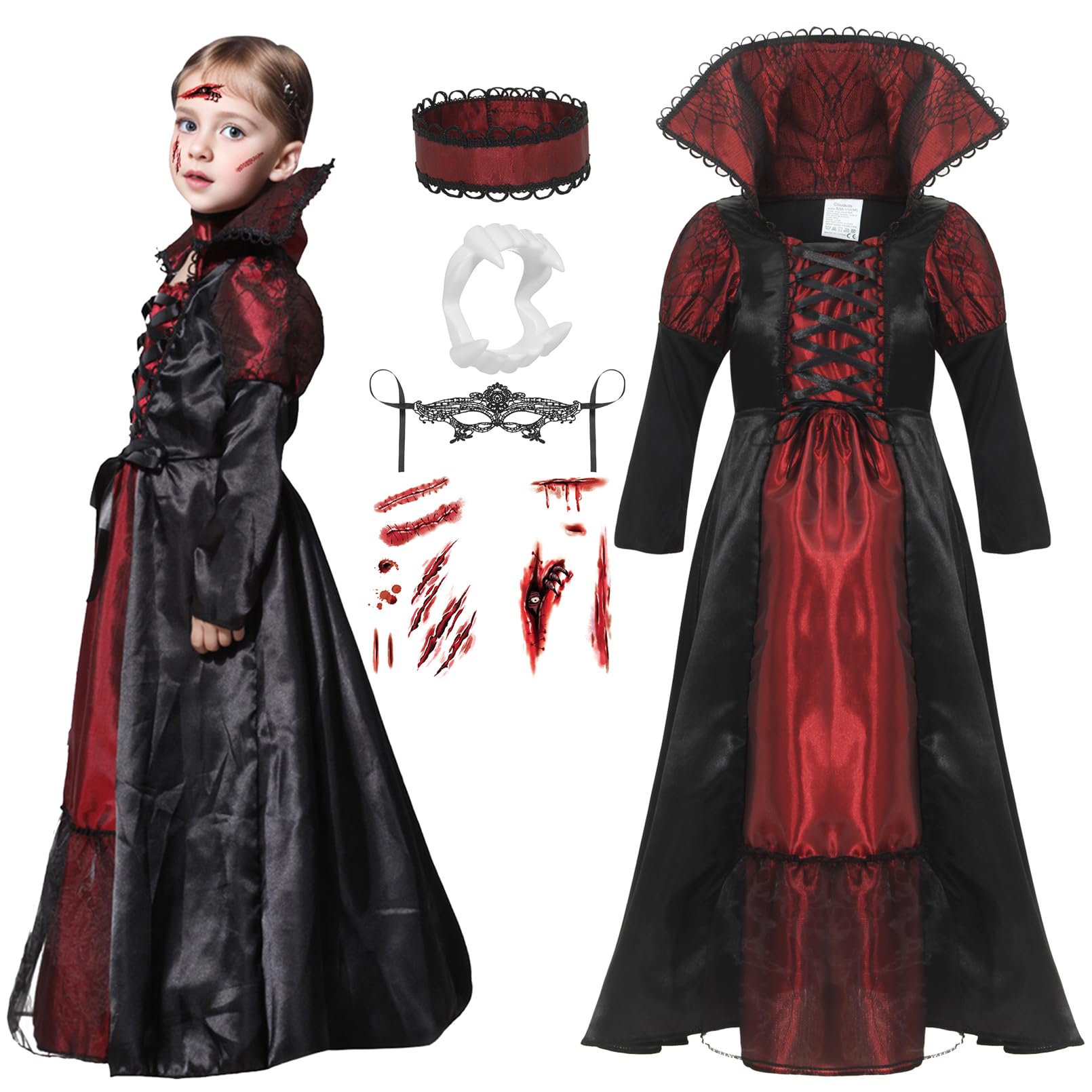 GEMVIE Kids Halloween Vampire Costume for Girls Vampiress Princess Cosplay Fancy Dress Ups